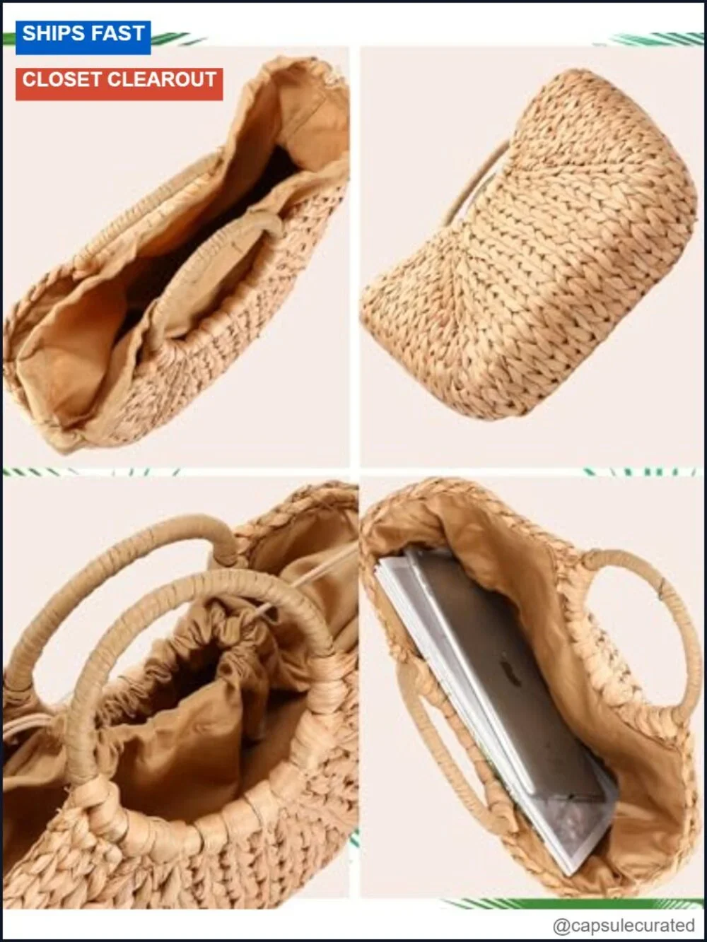 Straw Summer Accessory Set: Beach Bag, Floppy Hat, Rattan Earrings